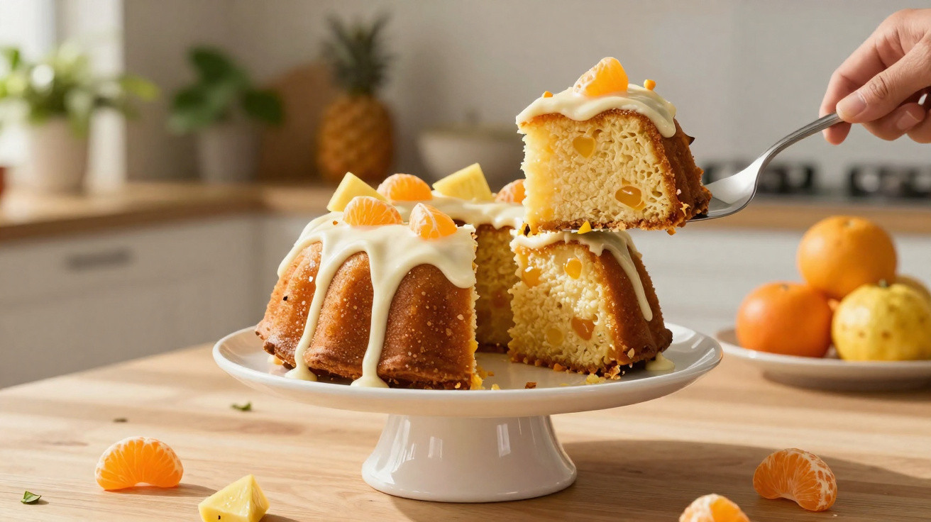 Bolo de frutas com cobertura branca e pedaços de tangerina, em prato branco sobre mesa de madeira.