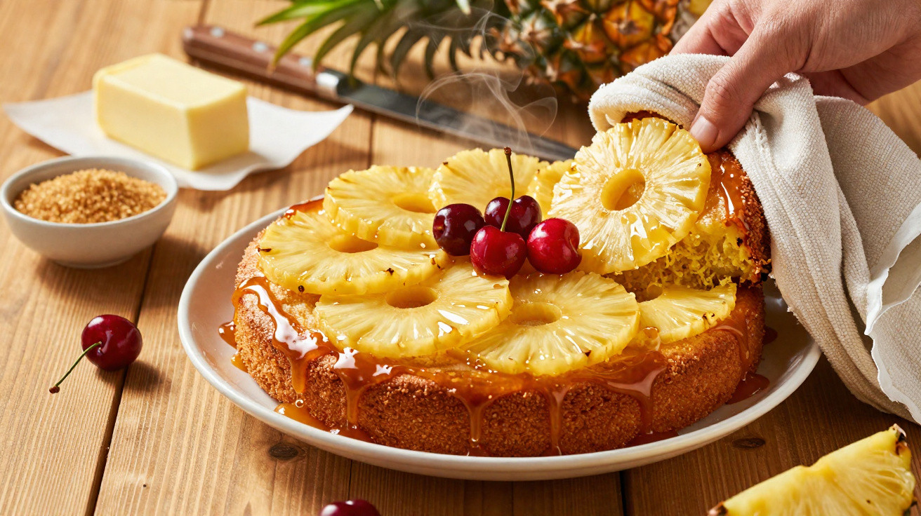 Bolo de abacaxi com calda caramelizada e cerejas, com fatia sendo retirada com pano branco.