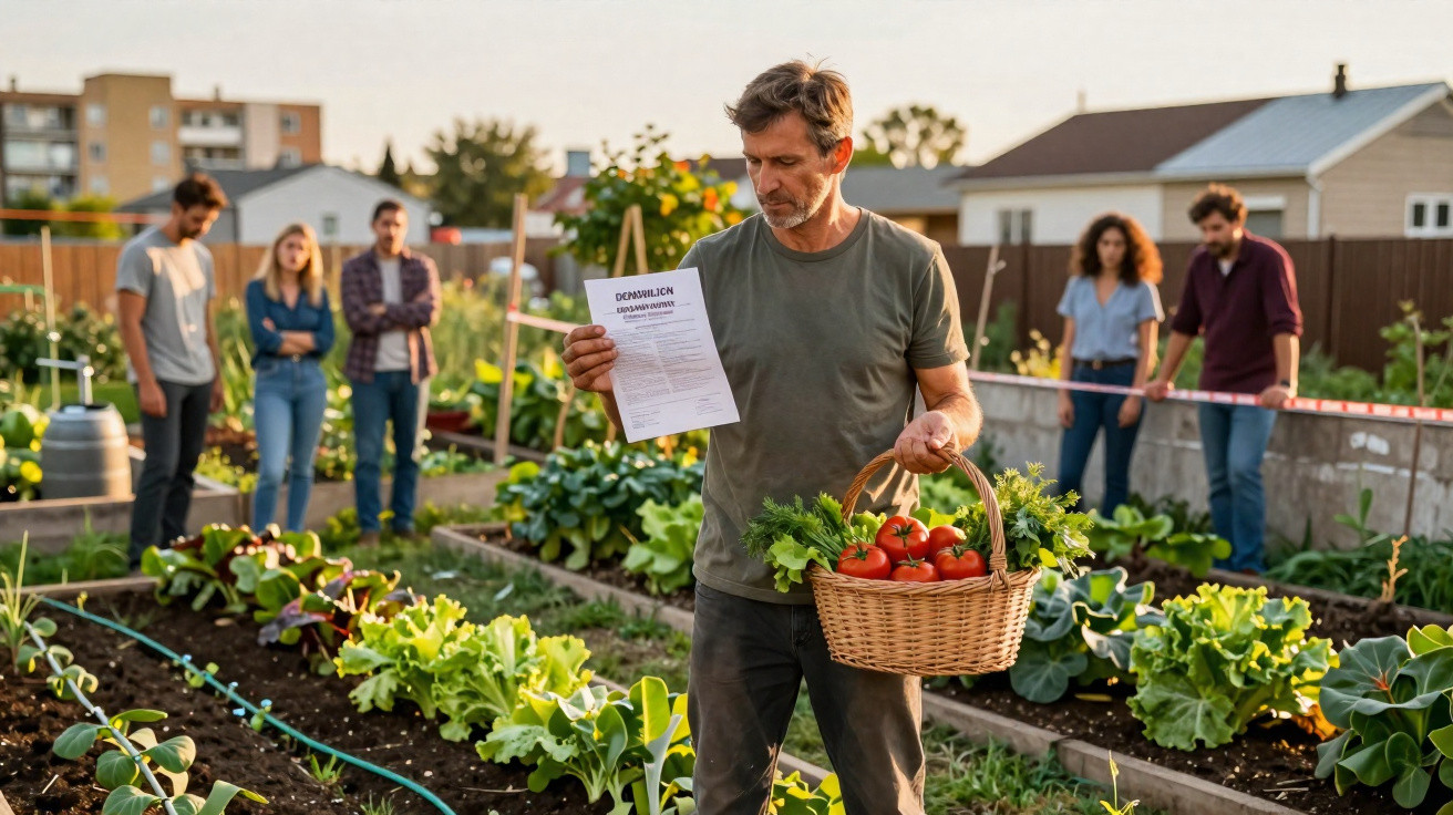 Homem em horta comunitária segurando cesta de verduras e documento, com grupo de pessoas ao fundo observando.