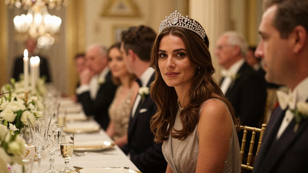 Mulher usando tiara e vestido elegante sentada à mesa de jantar formal em evento sofisticado.