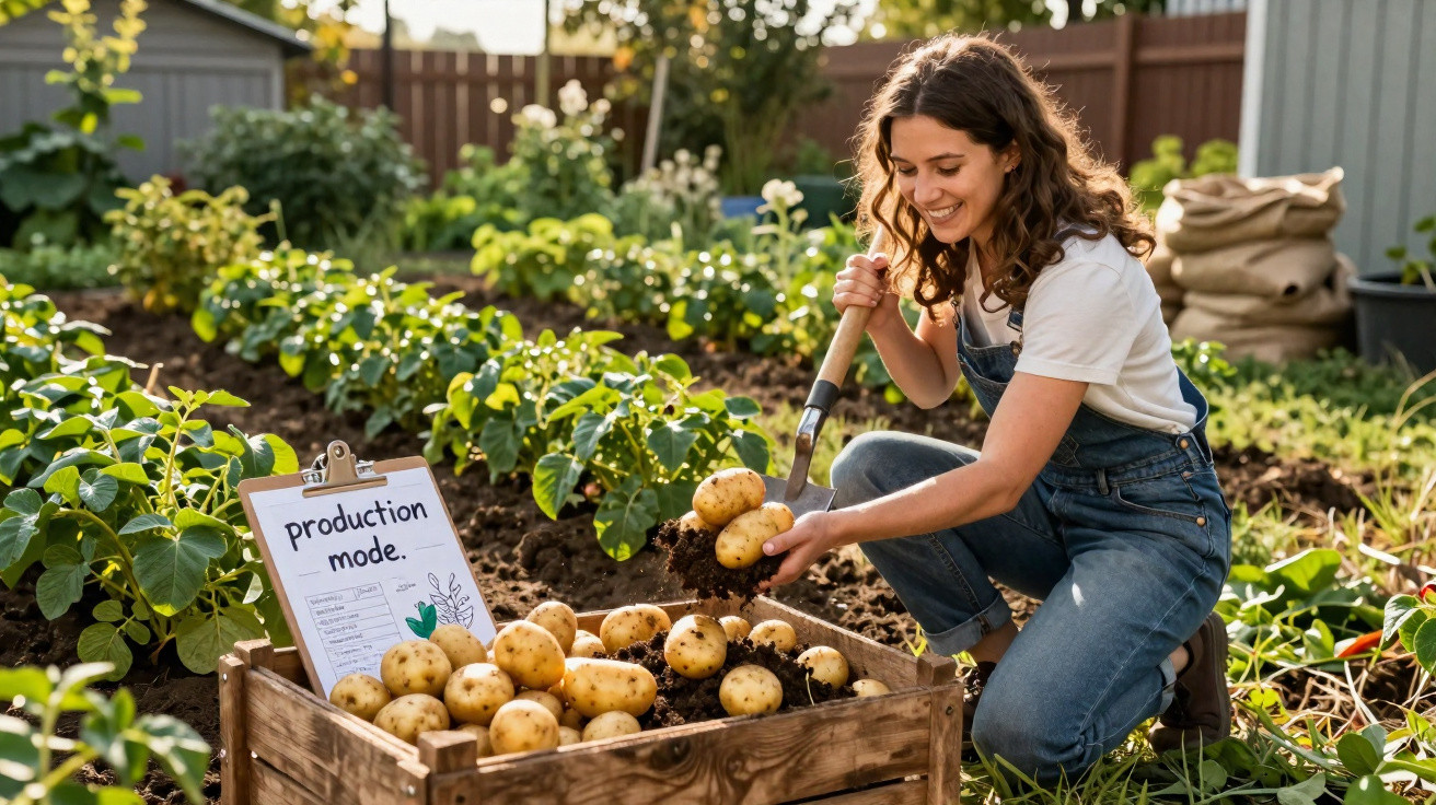 Mulher sorridente colhendo batatas com pá em jardim, ao lado de caixa de madeira cheia de batatas.