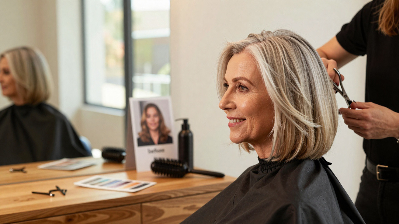 Mulher sorrindo recebendo corte de cabelo em salão de beleza, com capa preta e espelho ao fundo.
