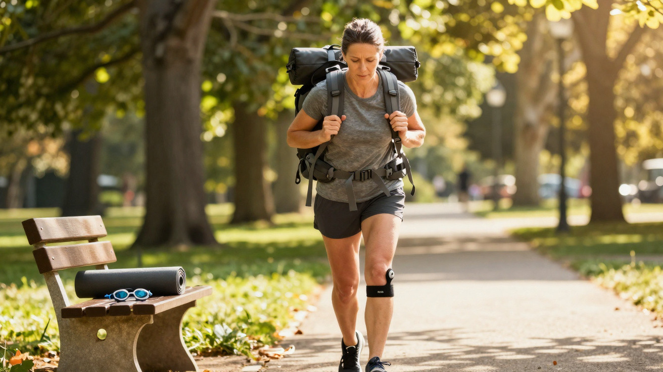 Mulher caminhando em parque com mochila grande e joelheira, próximo a banco com tapete e óculos de sol.