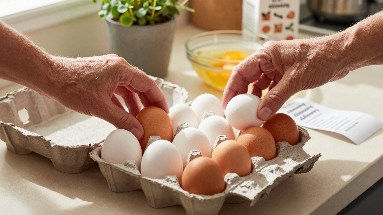 Mãos retirando ovos brancos e marrons de embalagem de papelão em bancada de cozinha iluminada.