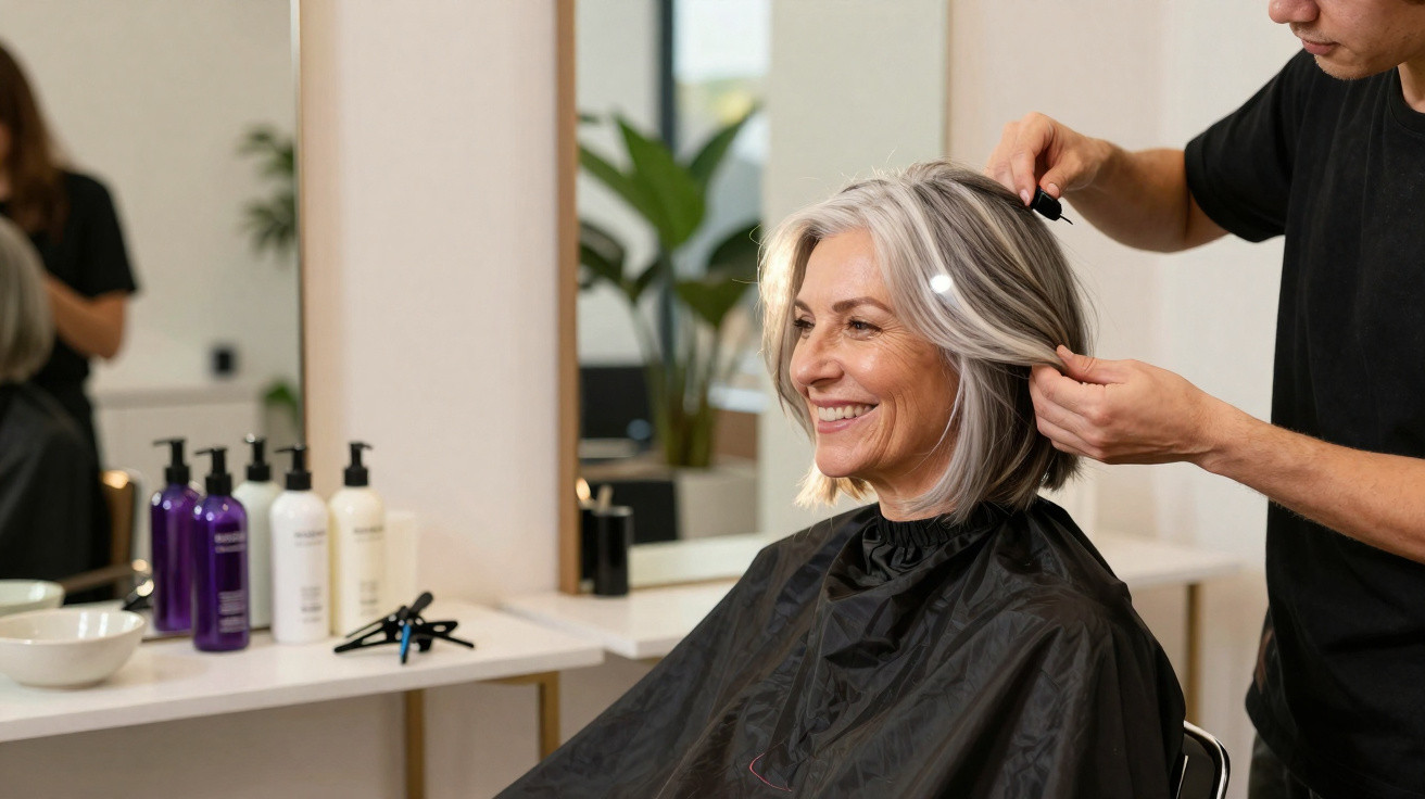 Mulher com cabelo grisalho sendo penteada por cabeleireiro em salão moderno e iluminado.