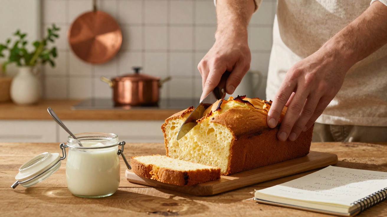 Pessoa cortando pão caseiro com casca dourada em tábua de madeira na cozinha.