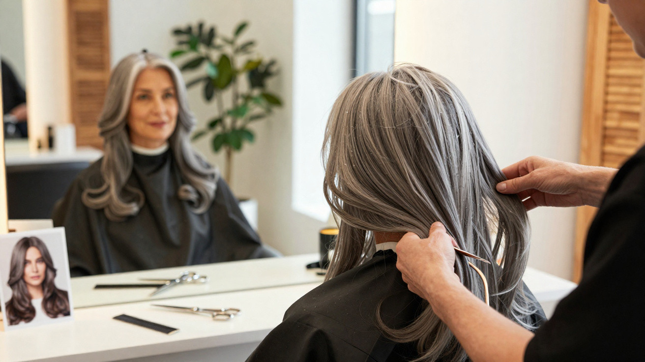 Mulher com cabelo grisalho sendo penteada por cabeleireiro em salão, olhando para espelho.