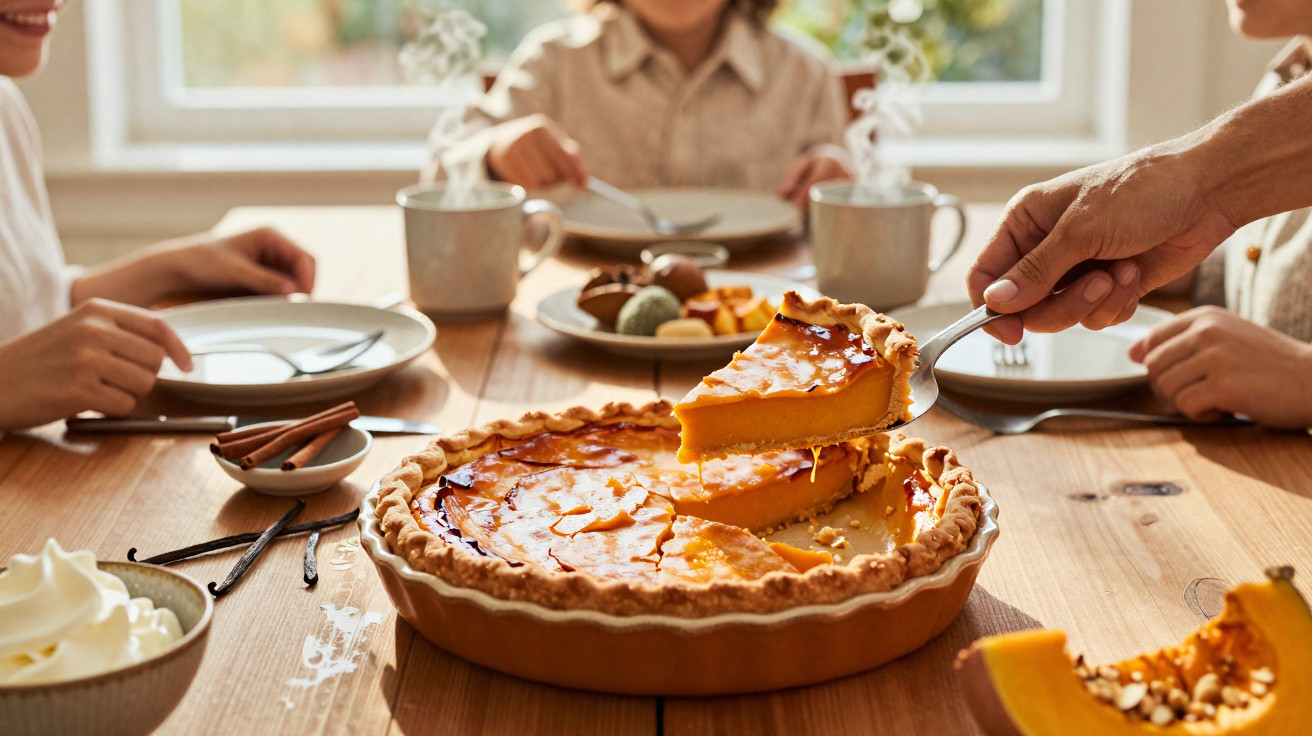 Pessoa servindo uma fatia de torta de abóbora em mesa com família e chá fumegante.