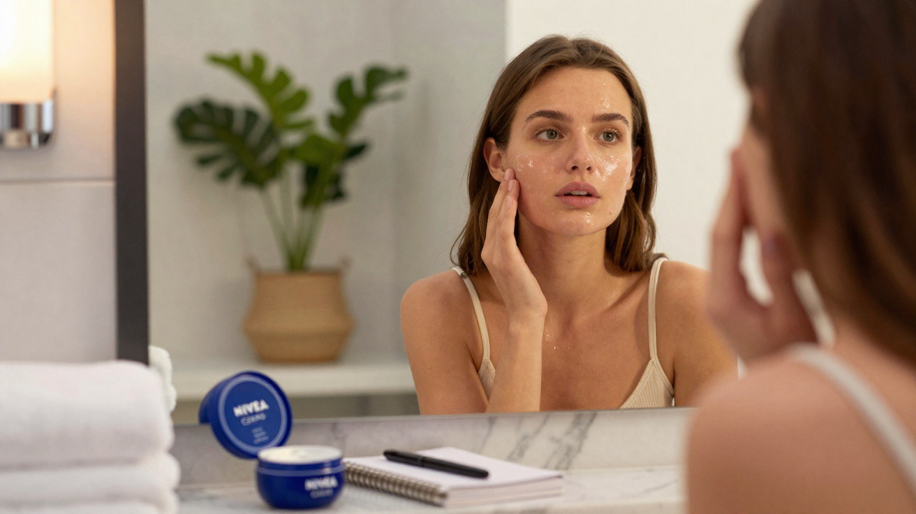 Mulher aplicando creme facial no rosto em frente ao espelho de banheiro com produtos e toalhas ao lado.