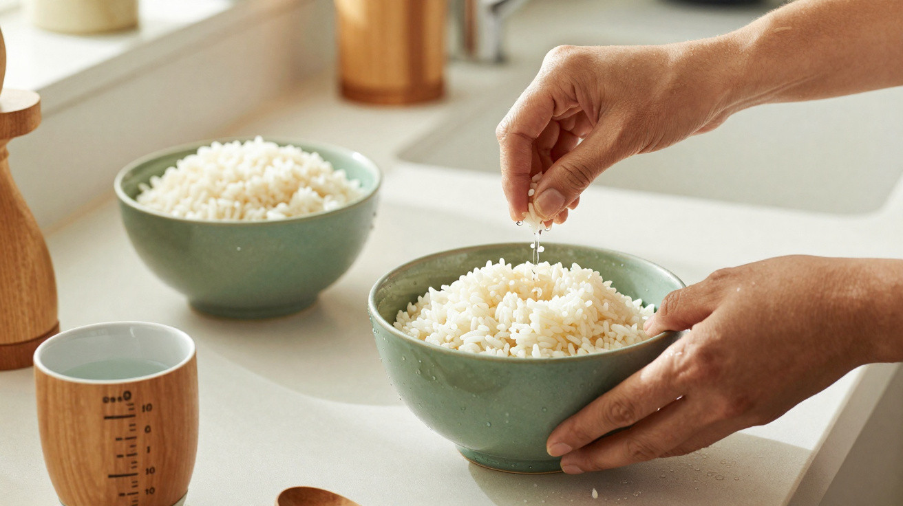 Mãos salpicando arroz cozido em tigela verde na bancada da cozinha clara com outra tigela e copo.