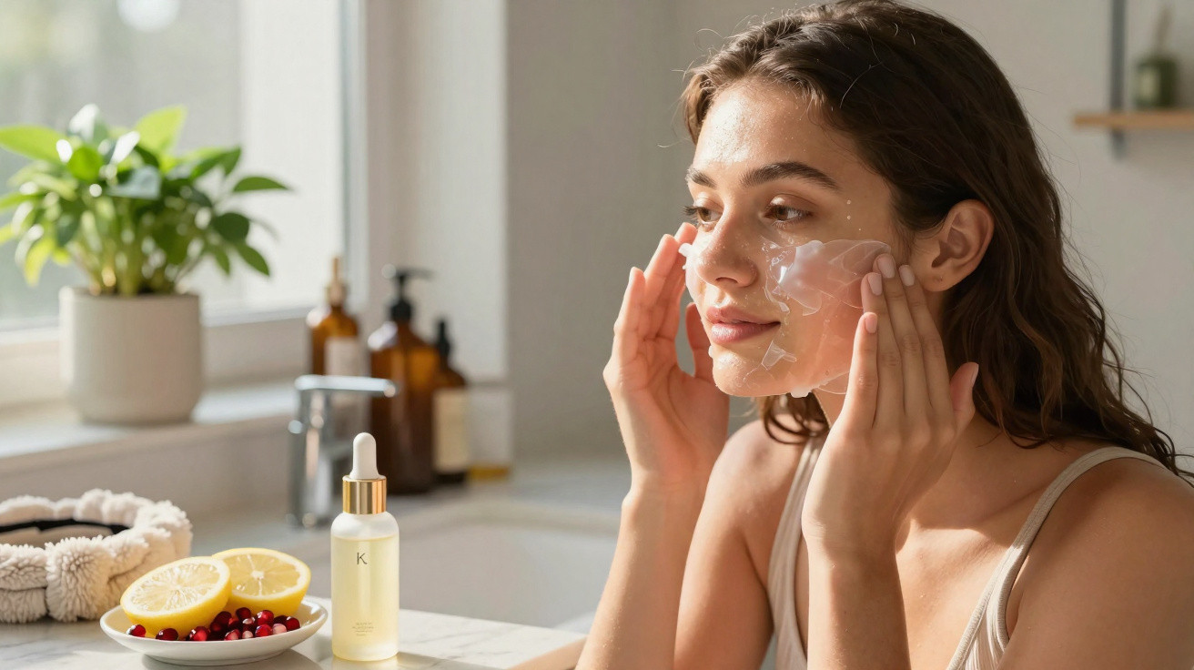 Mulher aplicando creme facial em um banheiro com luz natural e objetos de skincare ao fundo.
