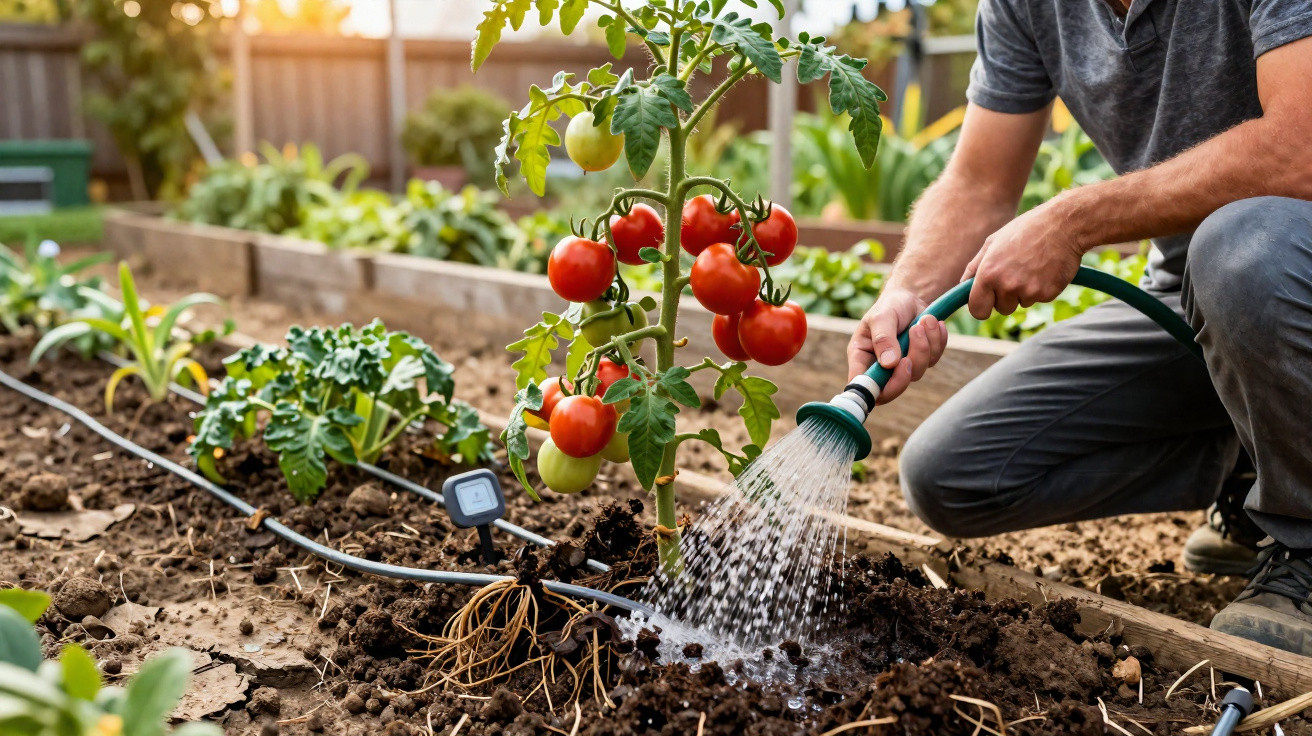 Pessoa regando uma planta de tomate com frutas maduras em um jardim caseiro ao ar livre.