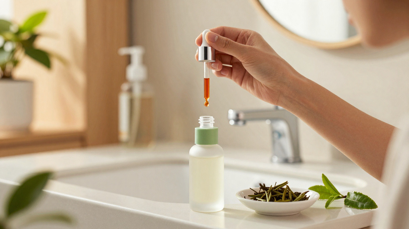 Mão segurando conta-gotas com sérum sobre frasco fosco em bancada com planta e folhas.