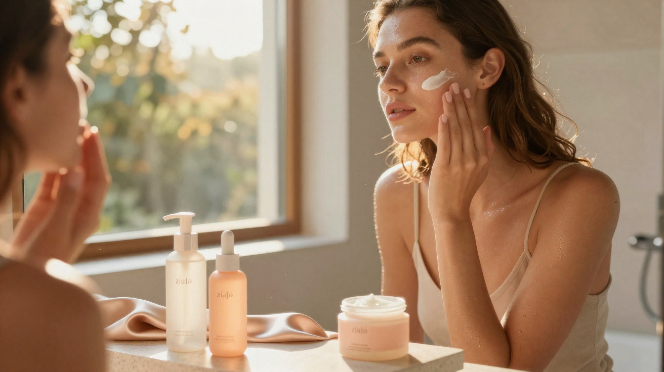 Mulher aplicando creme facial ao lado de produtos de skincare em bancada iluminada por luz natural.