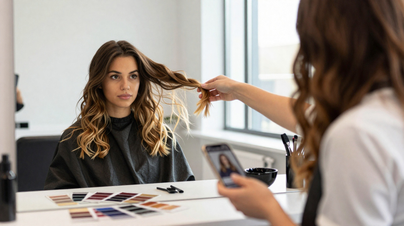 Mulher com cabelo ondulado sendo avaliada por profissional de salão que segura mecha e celular.