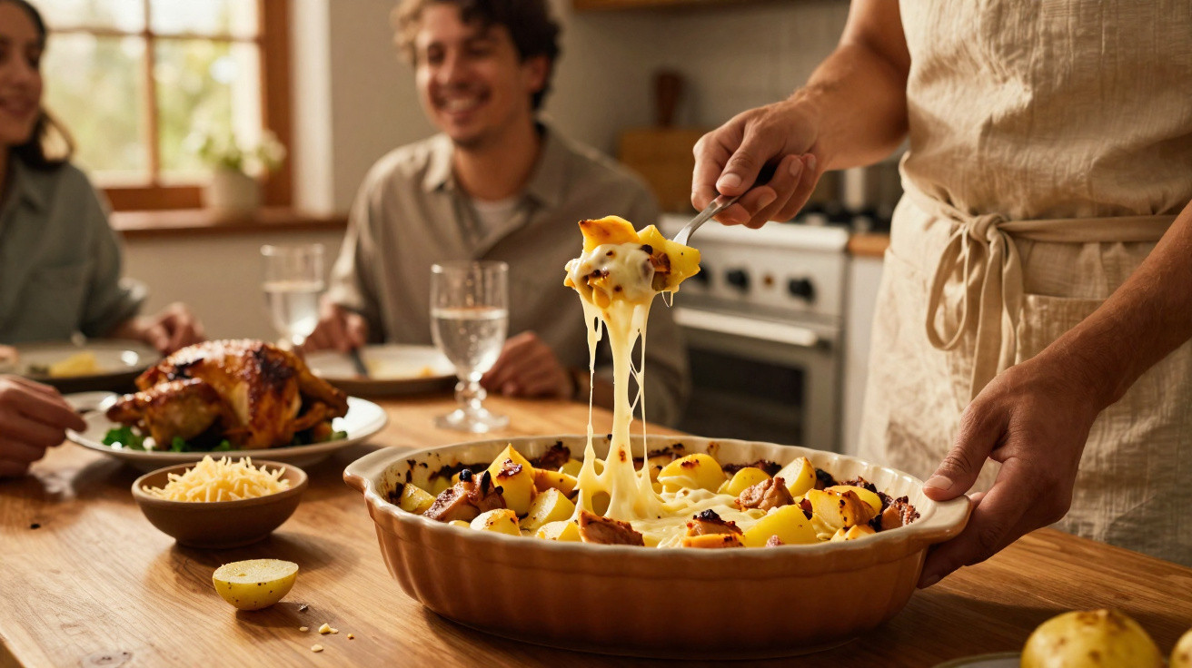 Pessoa servindo prato gratinado de batatas com queijo derretido em mesa com grupo sorridente.
