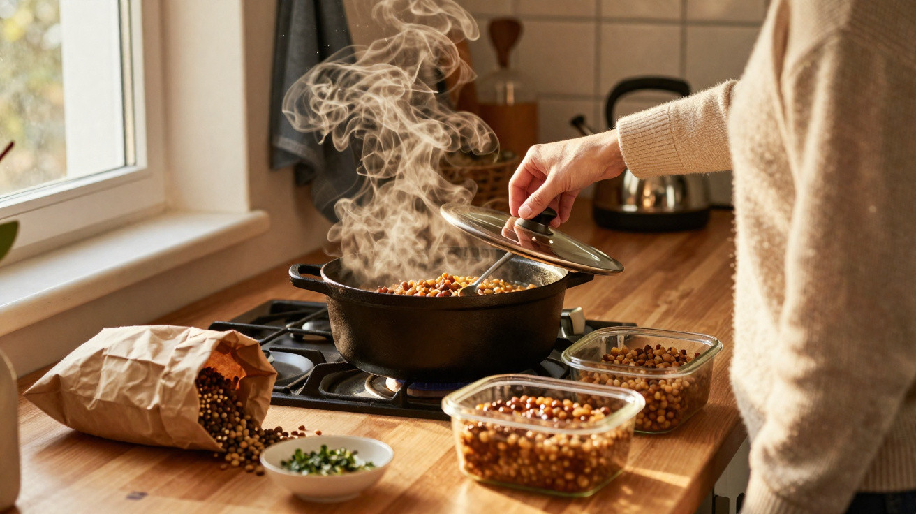 Pessoa tampando panela com vapor saindo, cozinhando leguminosas em fogão de cozinha.