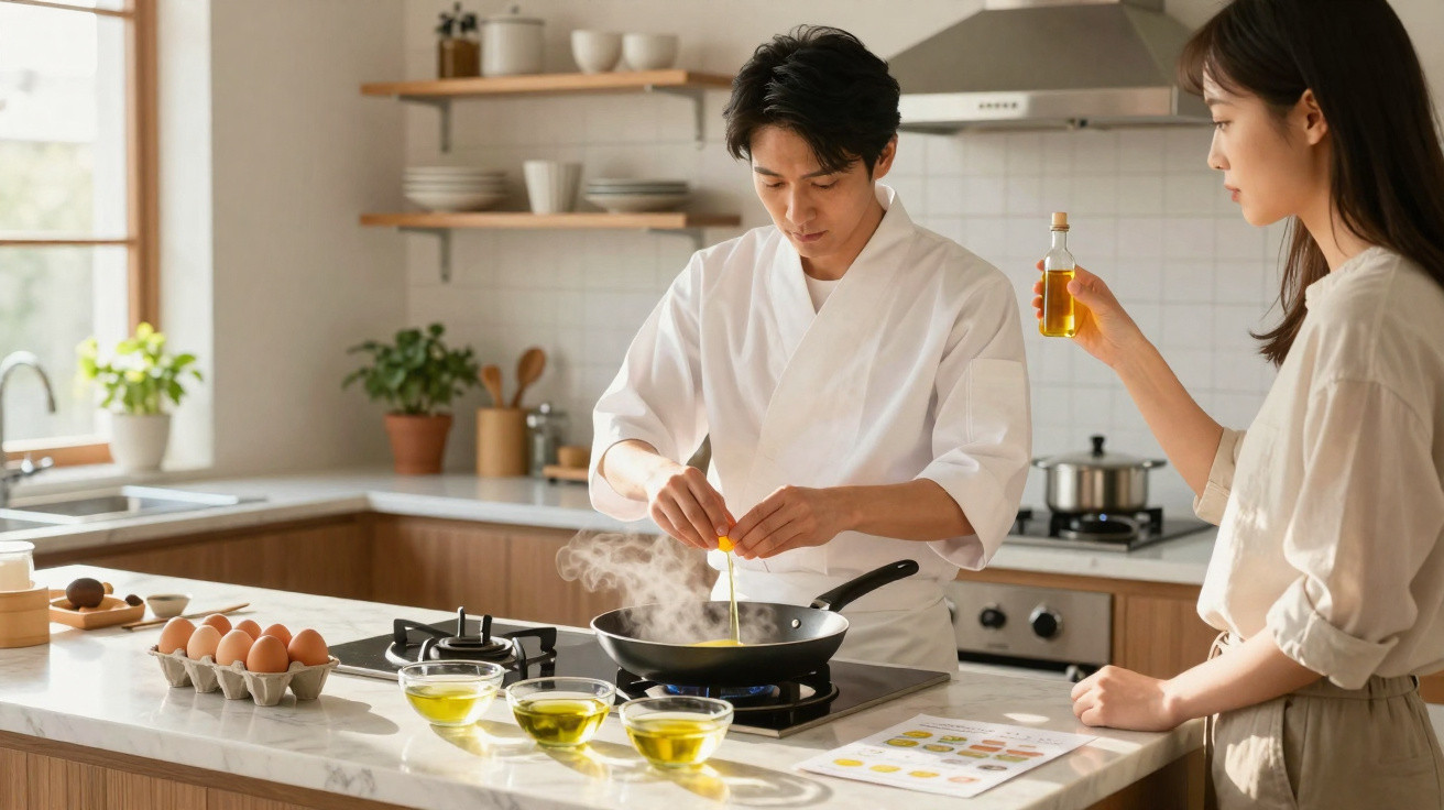 Casal preparando comida na cozinha, homem quebrando ovo na frigideira e mulher segurando azeite.