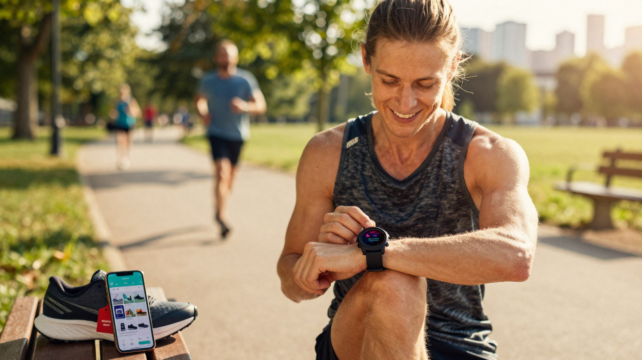 Pessoa sorrindo usa relógio esportivo enquanto se exercita em parque com tênis e celular apoiados em banco.