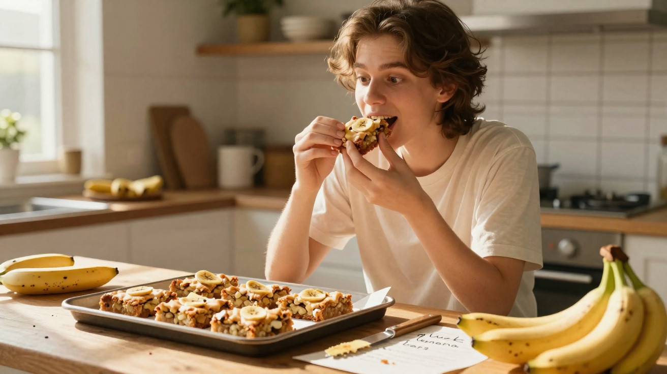 Jovem com camiseta branca comendo pedaço de bolo com banana em cozinha iluminada.