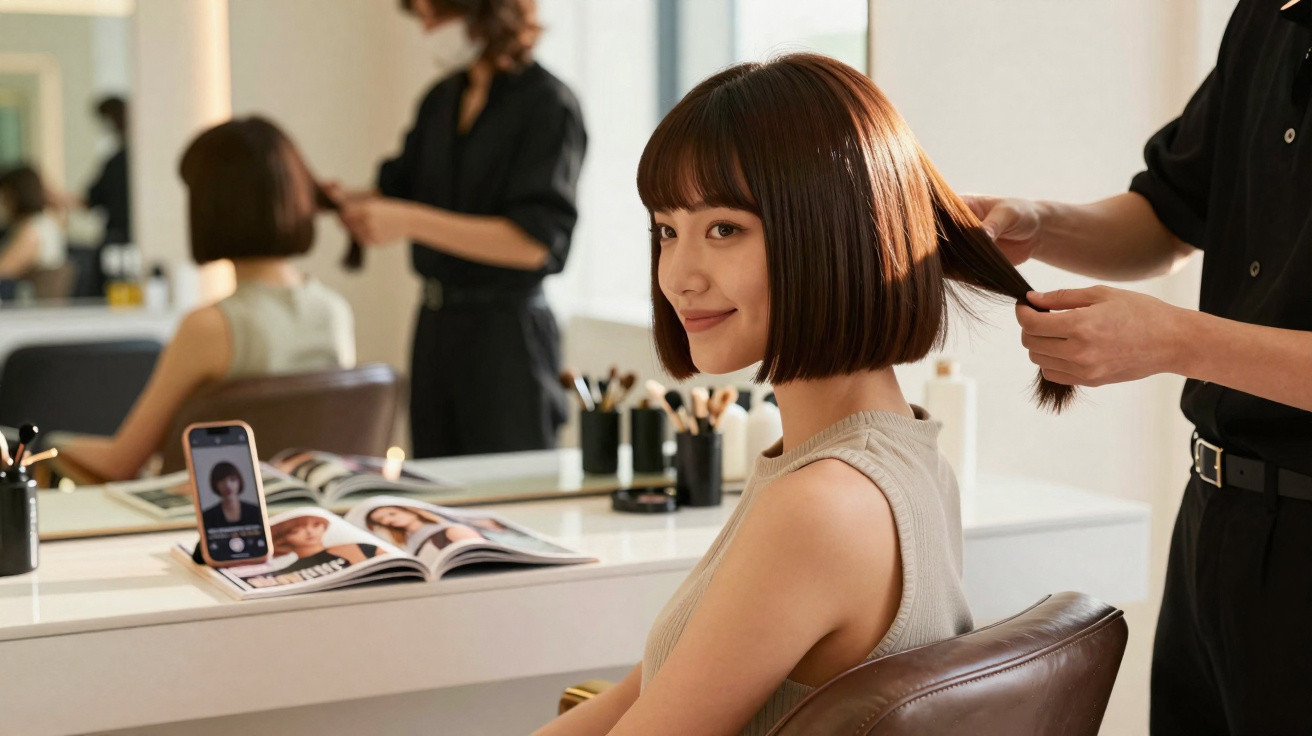 Mulher sentada em cadeira de salão de beleza com cabelo curto sendo penteado por cabeleireiro.