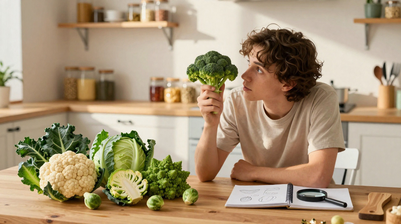 Jovem sentado à mesa com diversos tipos de couve e um caderno com desenho de vegetais à sua frente.
