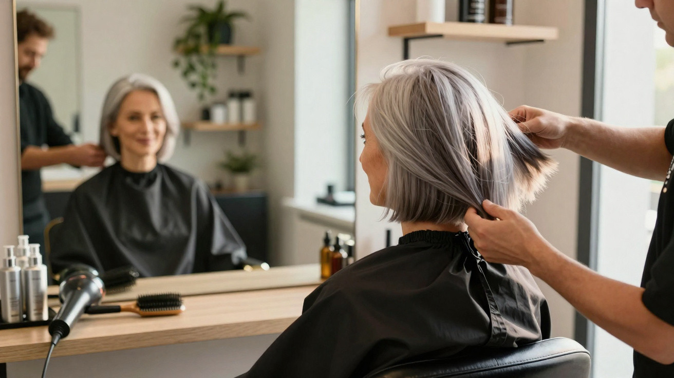 Mulher com cabelo grisalho curto sendo penteada por cabeleireiro em salão com espelho grande.