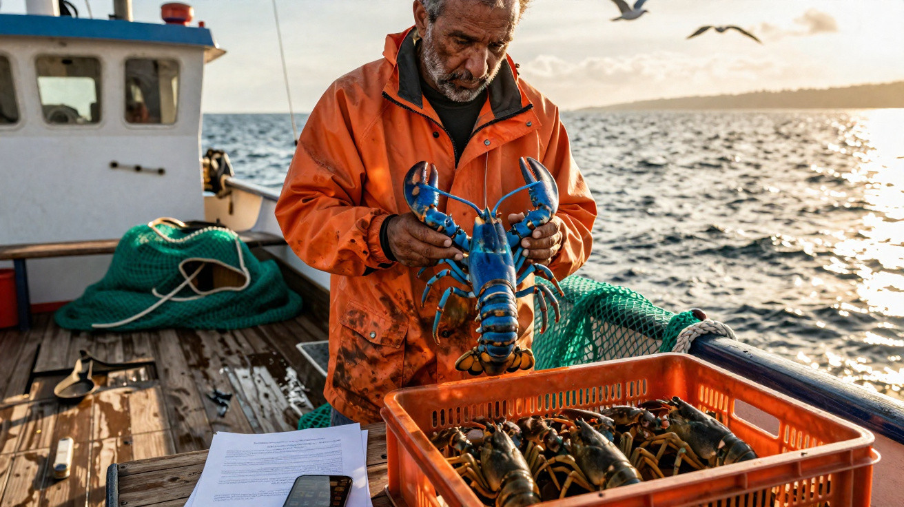 Pescador em barco segurando lagosta azul sobre cesta cheia de lagostas no mar ao pôr do sol.