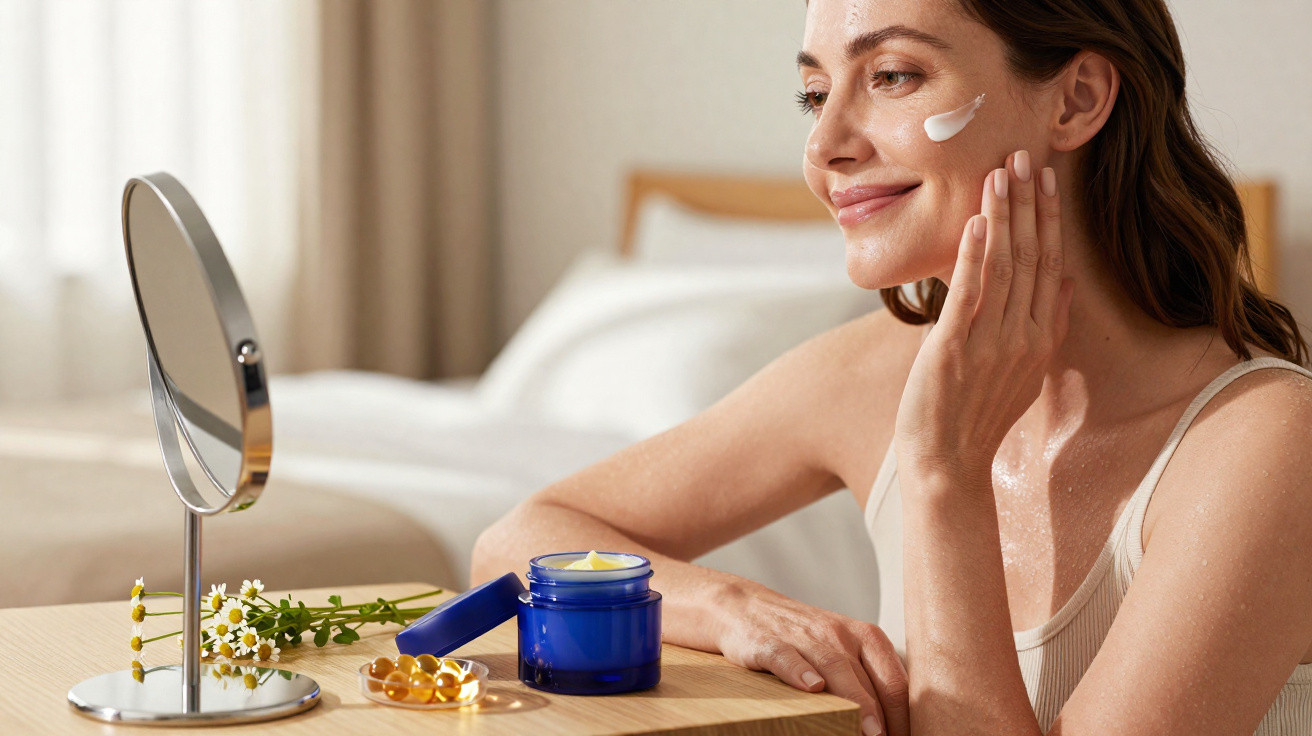 Mulher sorrindo aplica creme no rosto sentada à mesa com espelho, flores e cápsulas de suplemento.