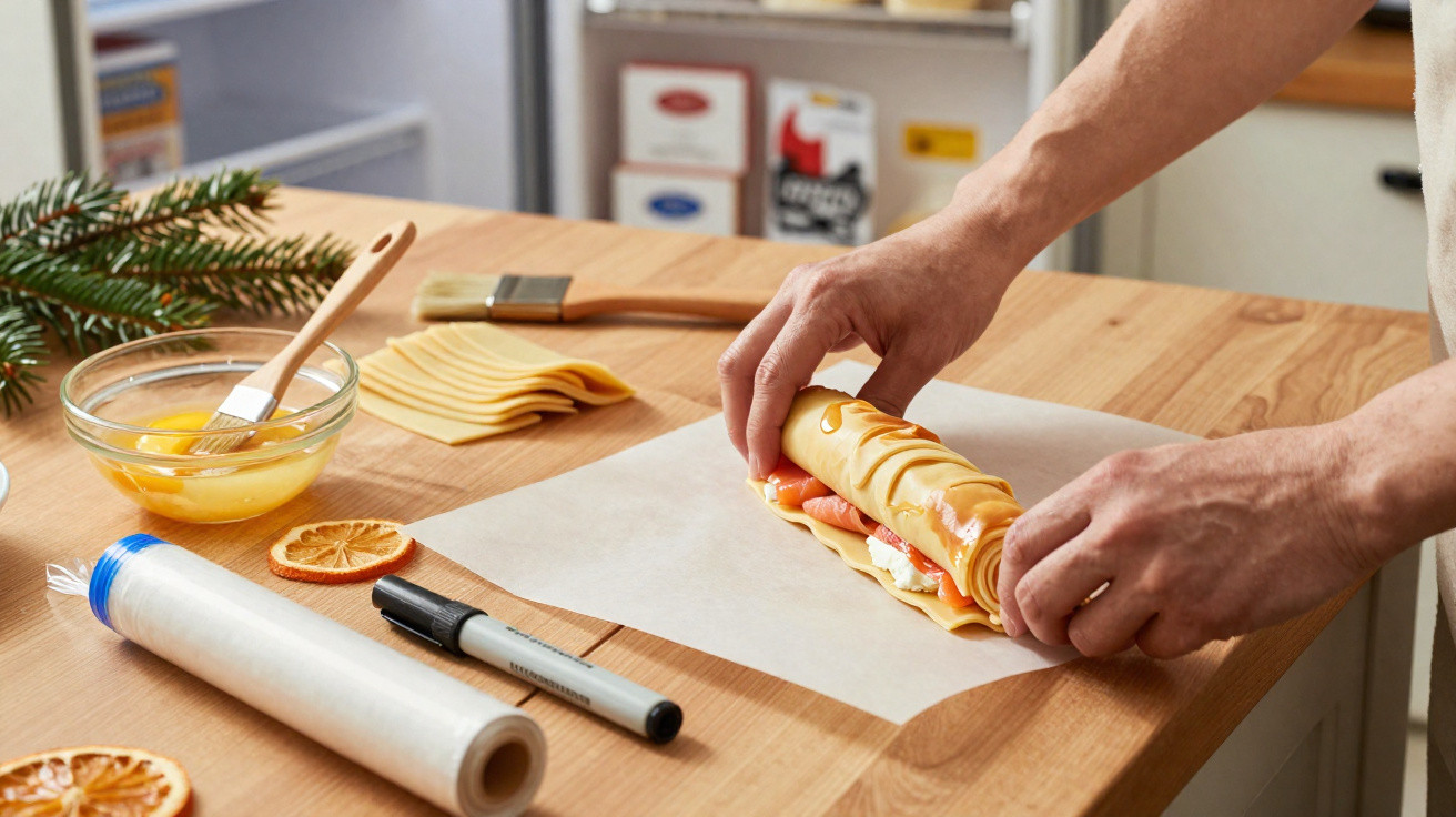 Pessoa enrolando crepe recheado sobre papel manteiga em mesa de madeira com ingredientes ao redor.