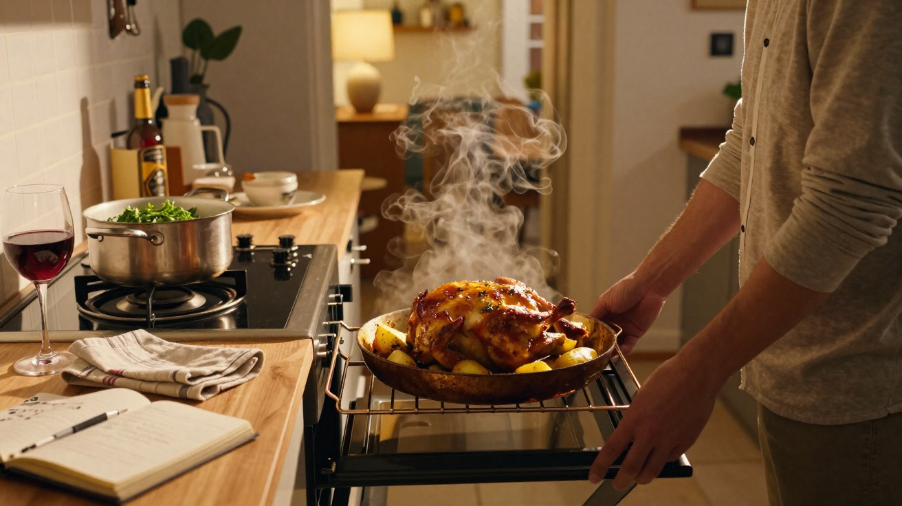Pessoa retirando frango assado com batatas fumegantes do forno em cozinha moderna.