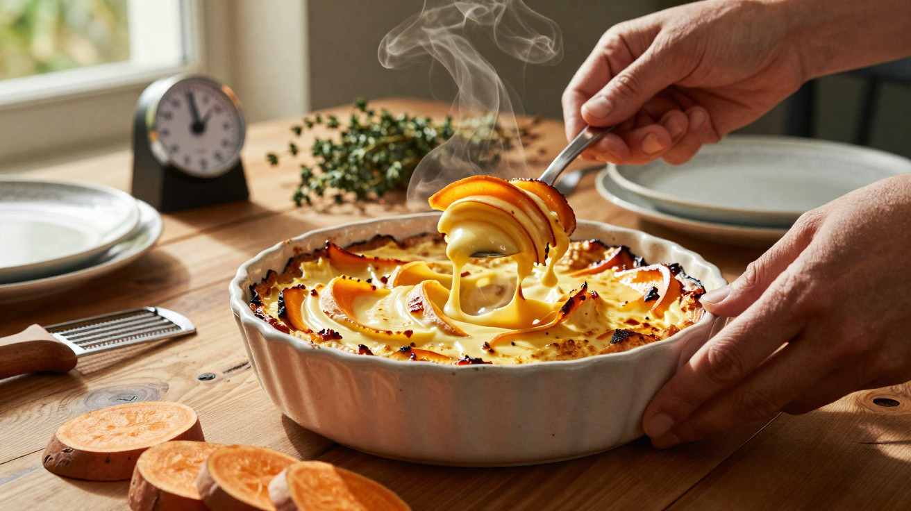 Pessoa servindo gratinado de batata-doce quente em travessa branca sobre mesa de madeira.
