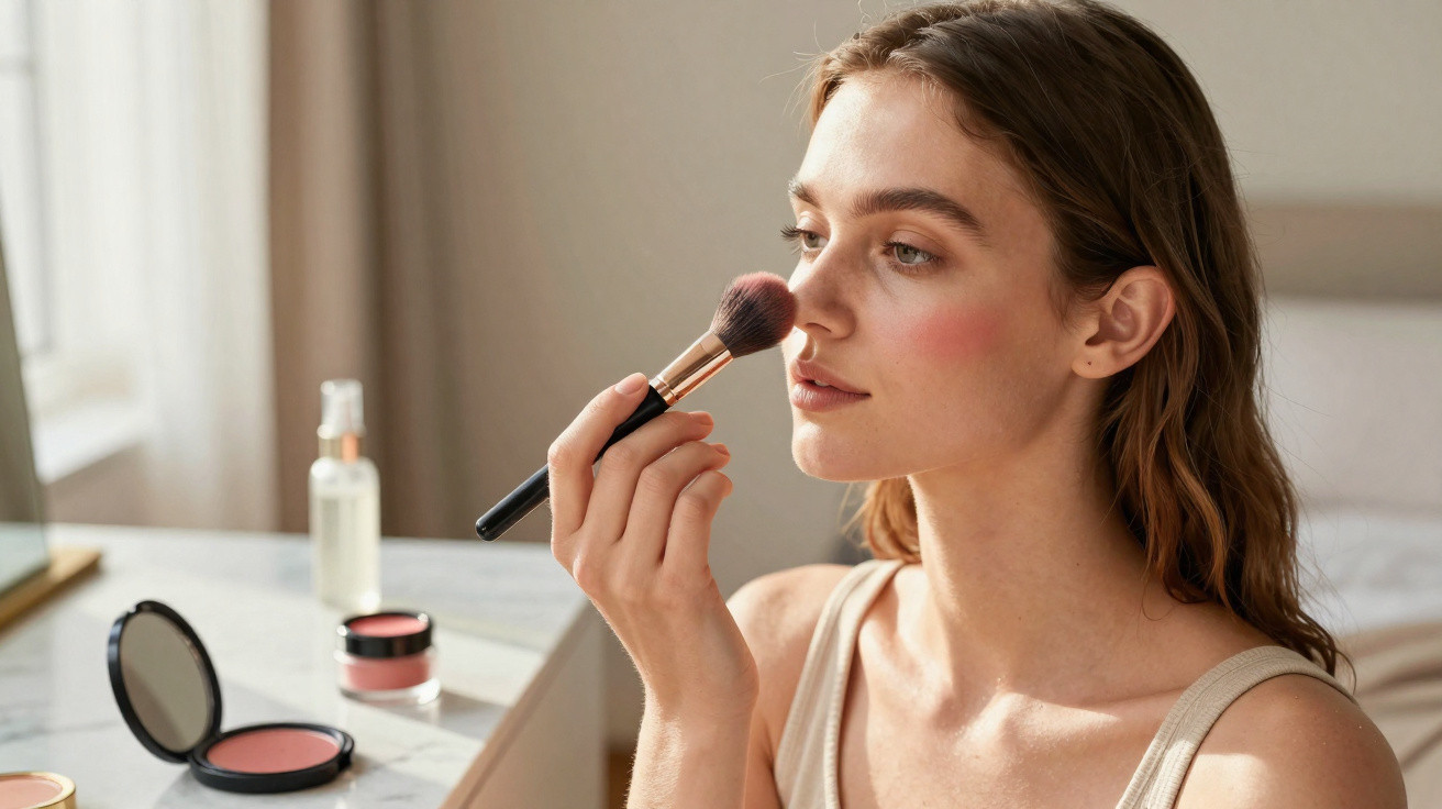 Mulher aplicando blush no rosto com pincel em ambiente iluminado e maquiagem sobre a mesa.