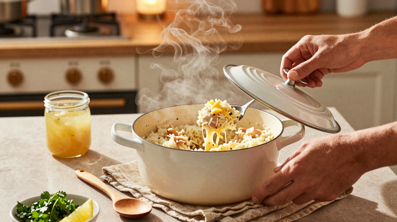 Mãos abrindo panela branca com arroz com queijo derretido e vapores na cozinha.