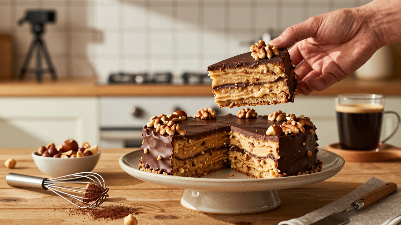 Bolo de camadas com cobertura de chocolate e nozes, fatia sendo retirada, em cozinha com café ao fundo.