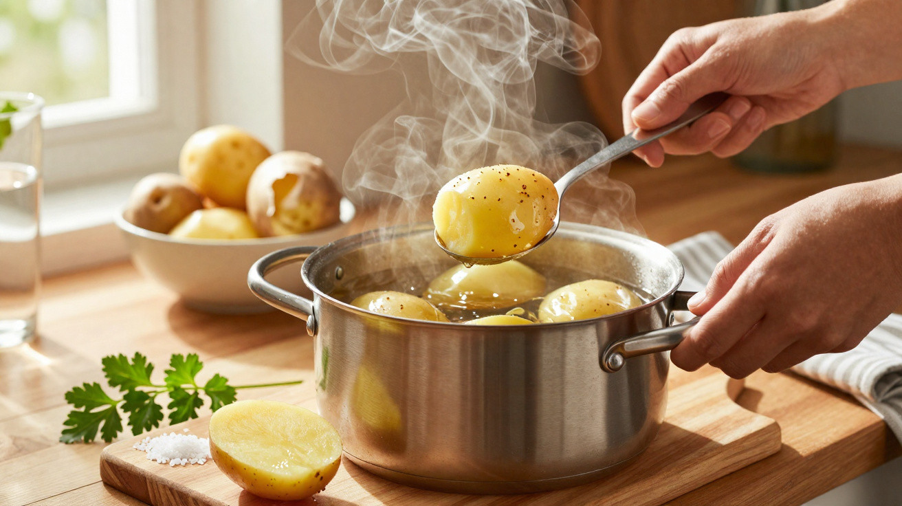 Mãos retiram batatas quentes e cozidas com sal e pimenta em panela de inox na cozinha.