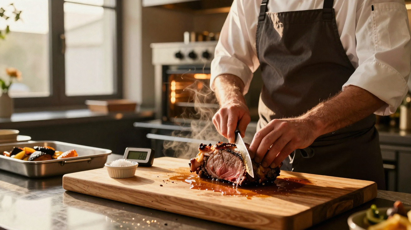 Chef cortando carne assada suculenta em tábua de madeira em cozinha iluminada natural.