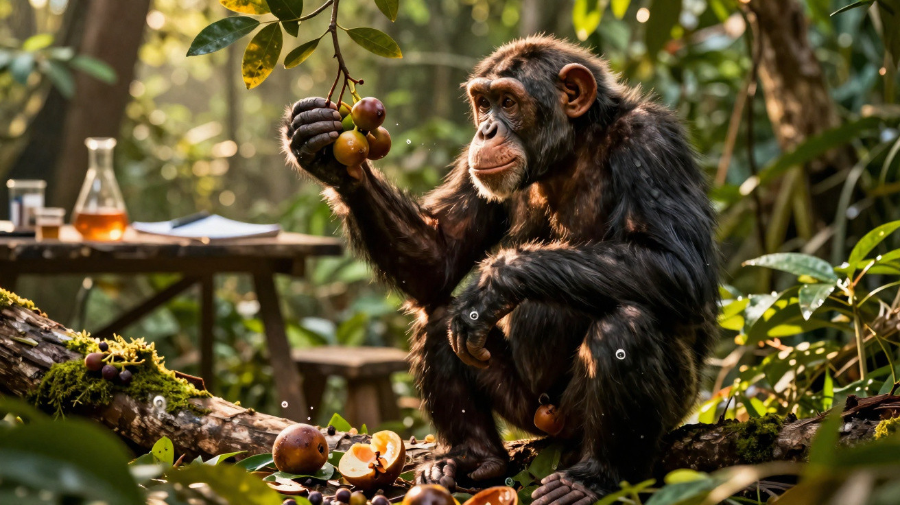 Chimpanzé segurando frutas em um ambiente natural com vegetação ao redor e luz do sol.