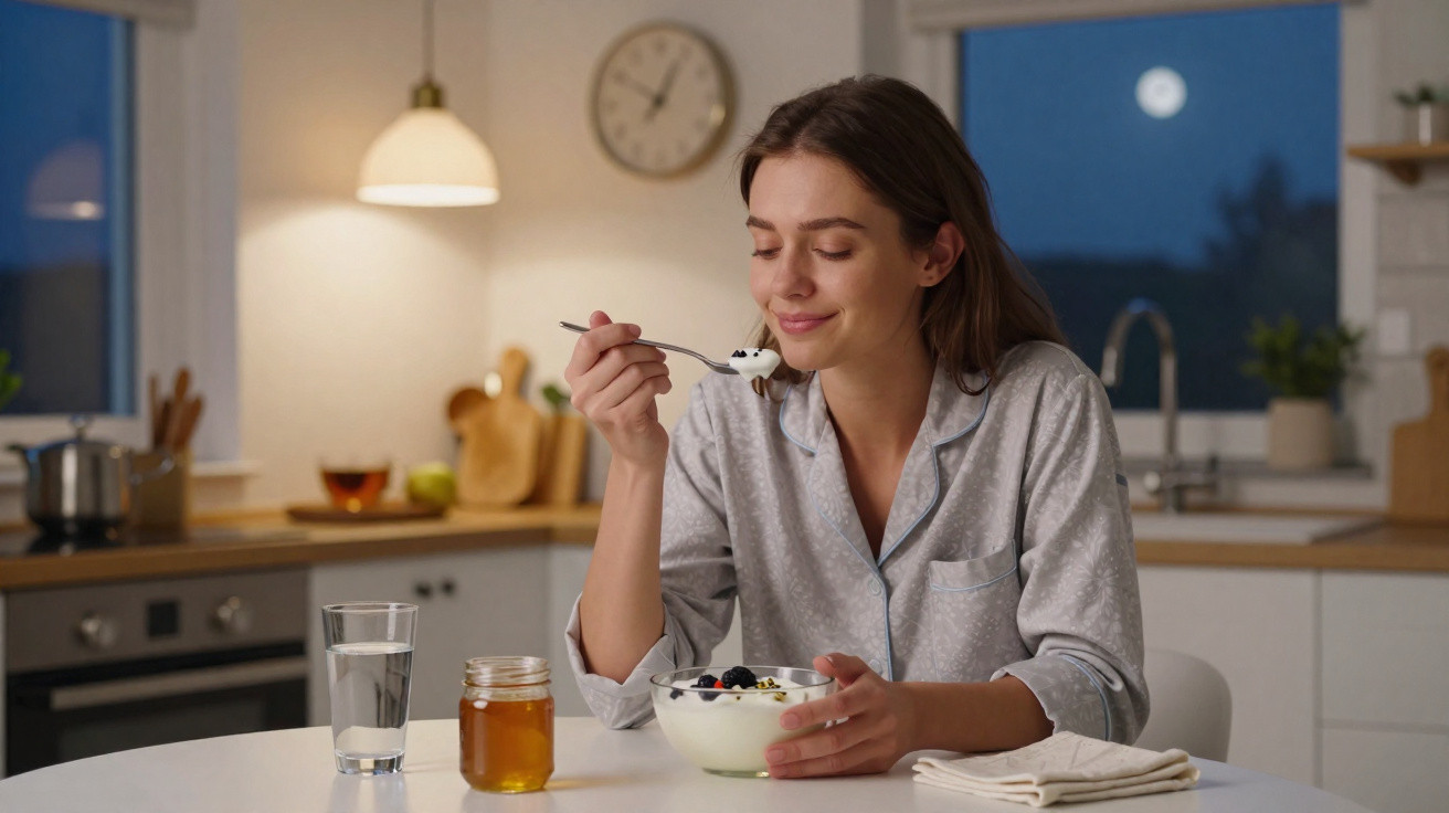 Mulher em pijama saboreando iogurte com frutas na cozinha à noite, com mel e copo d'água na mesa.