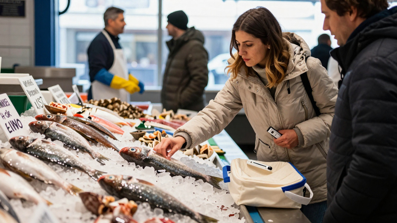 Mulher escolhendo peixe fresco em banca de peixeiro dentro de mercado com outras pessoas ao fundo.