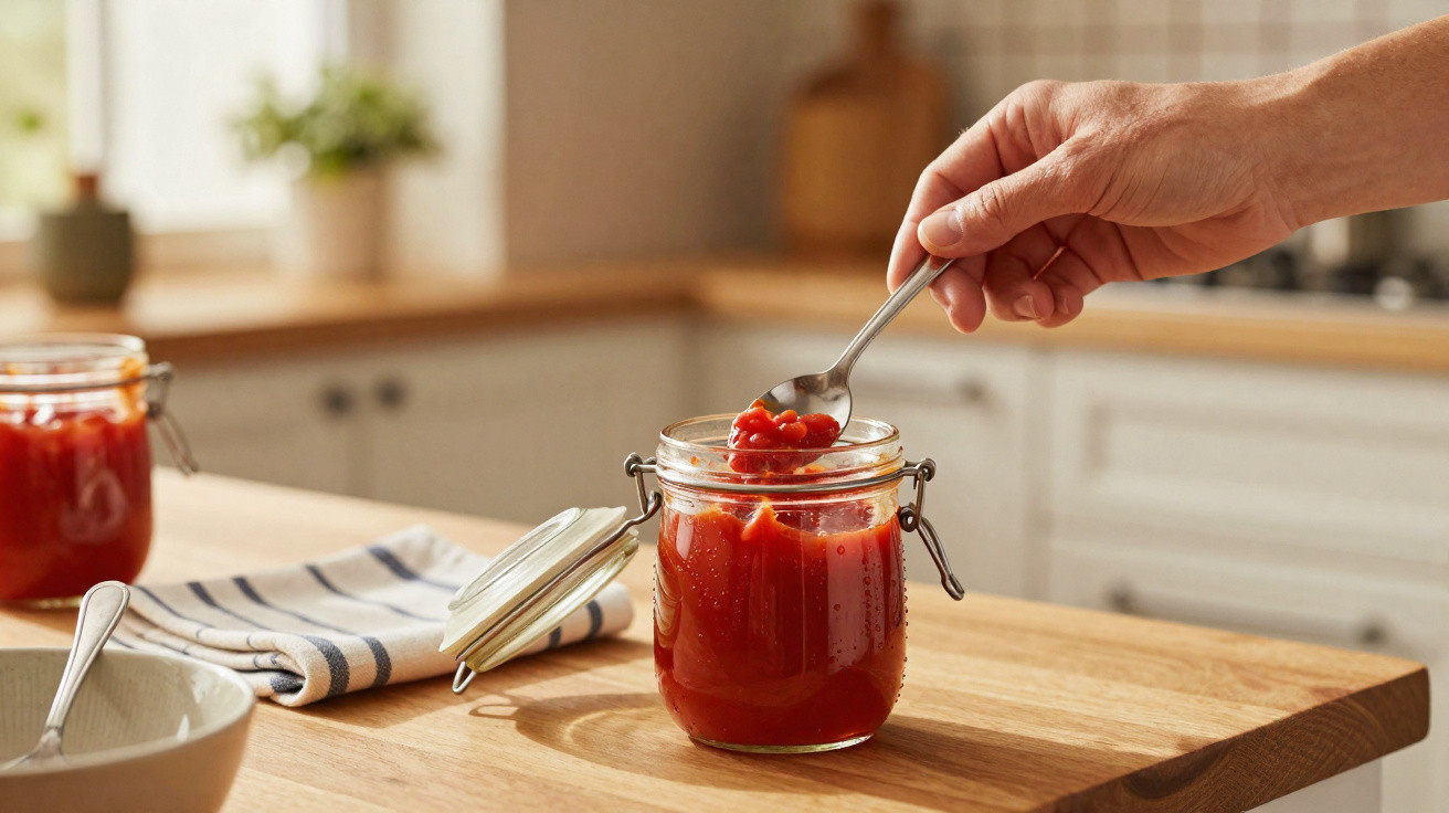 Mão pegando molho de tomate com colher em pote de vidro sobre bancada de cozinha iluminada.
