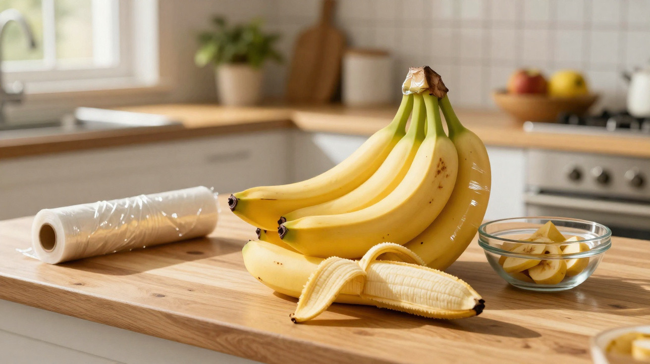 Cacho de bananas com uma banana descascada sobre bancada de madeira em cozinha iluminada.