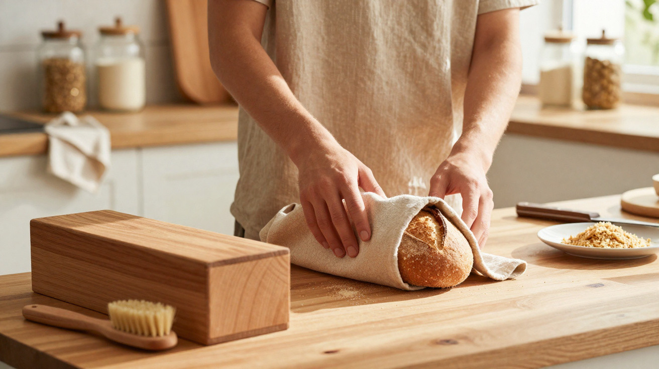 Pessoa embrulhando pão caseiro em pano branco sobre bancada de madeira na cozinha.