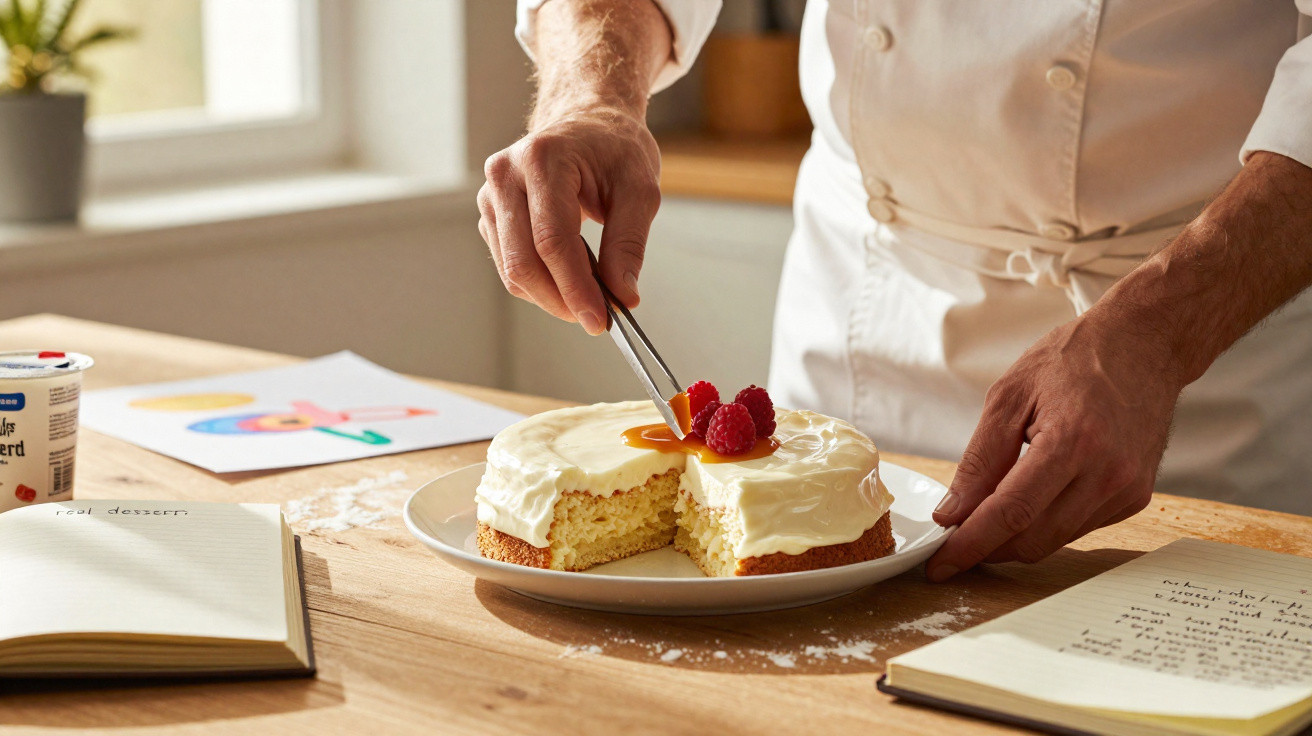 Pessoa decorando bolo com frutas vermelhas sobre creme branco em prato sobre mesa de madeira.