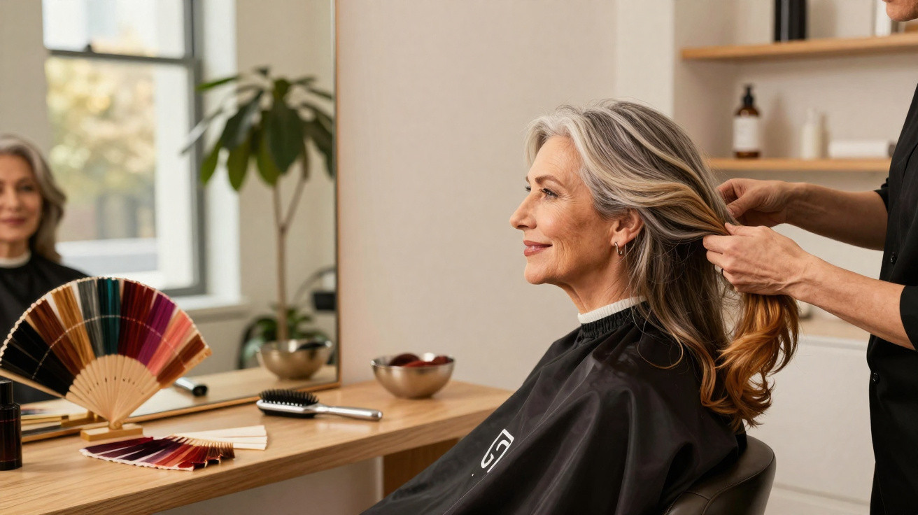 Mulher sorridente com cabelo grisalho sendo preparada por cabeleireiro em salão moderno.