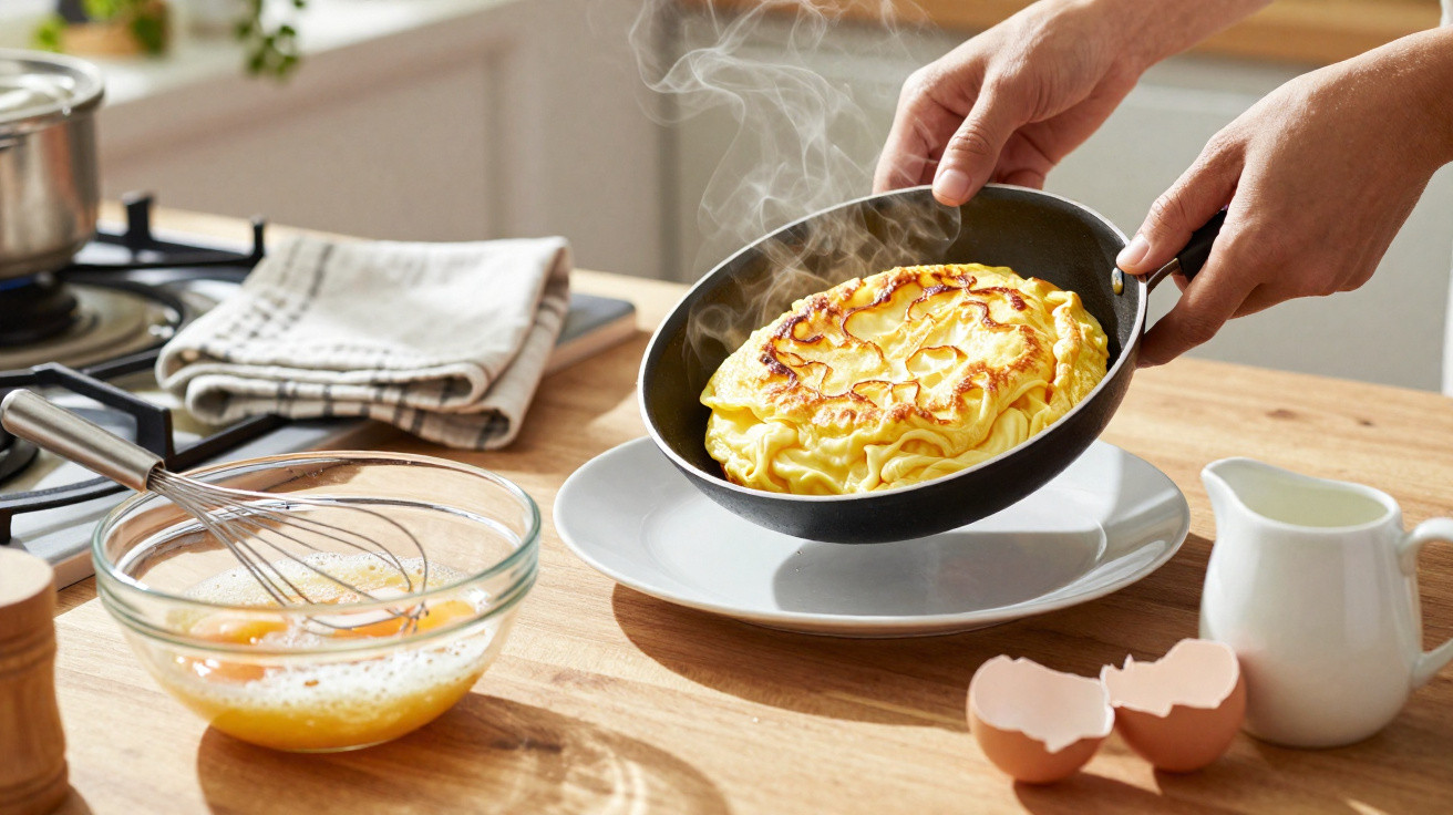 Omelete fumegante sendo servido de frigideira para prato branco em cozinha caseira.
