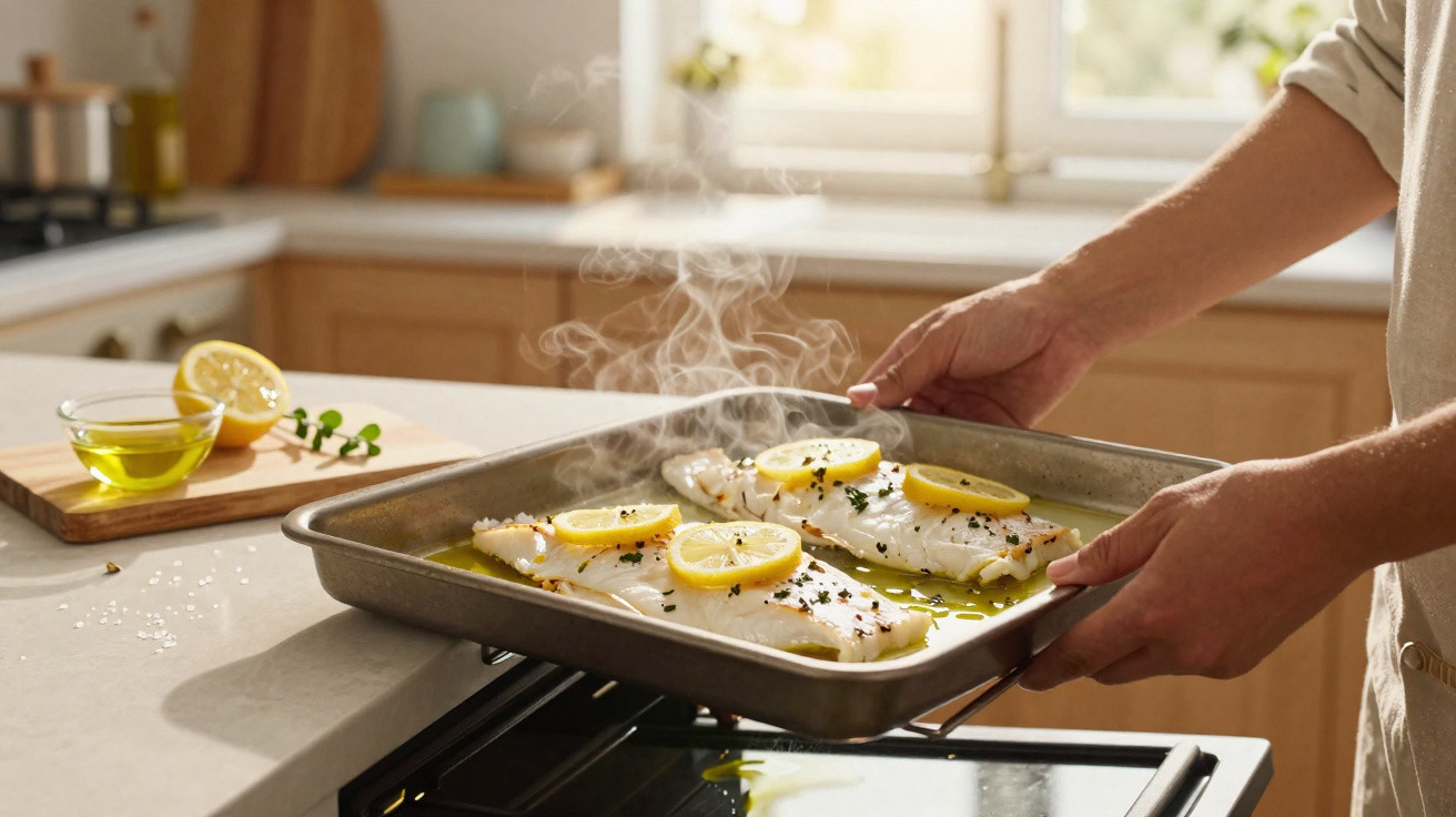 Pessoa segurando assadeira com filés de peixe assados com fatias de limão e ervas na cozinha.