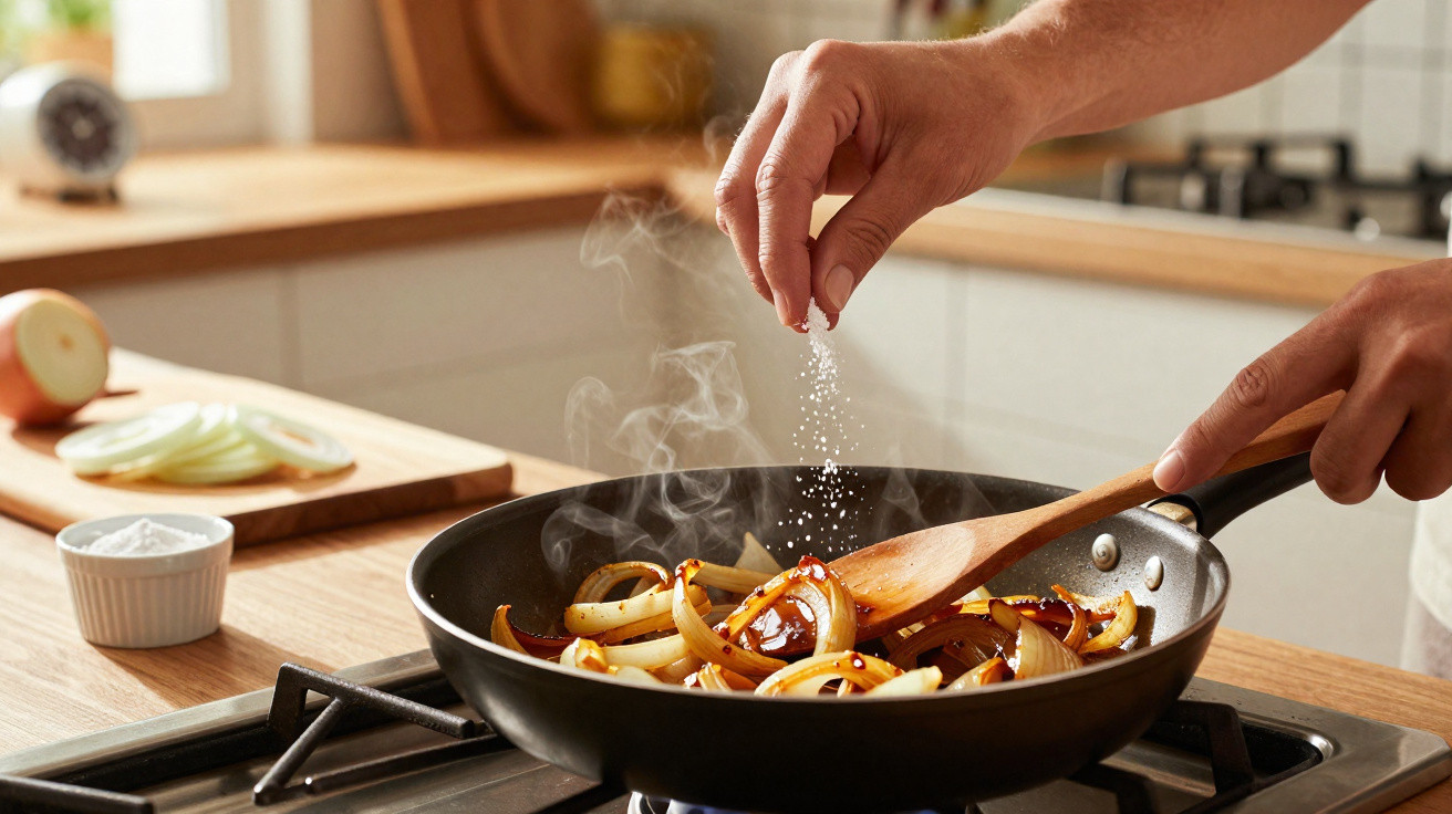 Pessoa temperando cebolas caramelizadas em frigideira quente na cozinha com espátula de madeira.