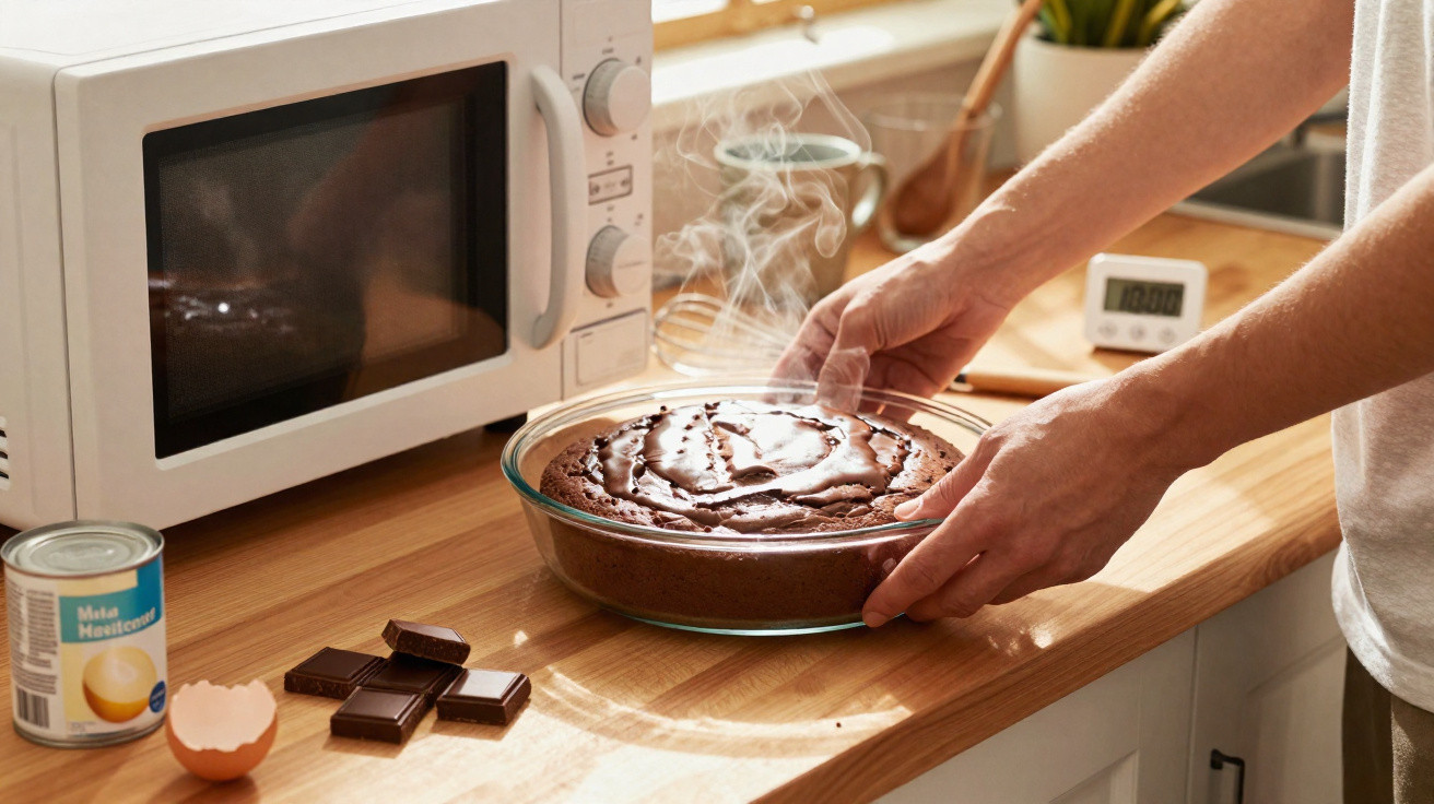 Pessoa retirando torta de chocolate quente do forno de micro-ondas em cozinha iluminada.