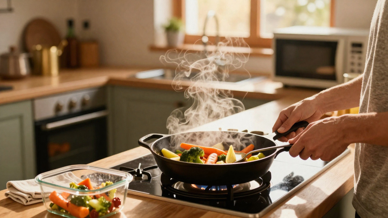 Mãos mexendo legumes coloridos em frigideira com vapor sobre fogão em cozinha iluminada.